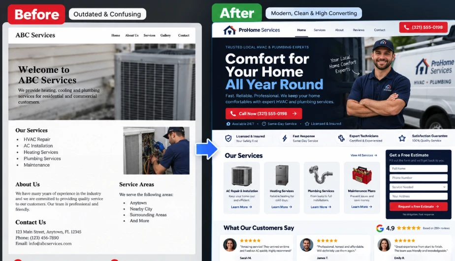 Landing Page Before and After: Redesign concept for a home services business: a clear offer, click to call, trust signals and a quote form above the fold